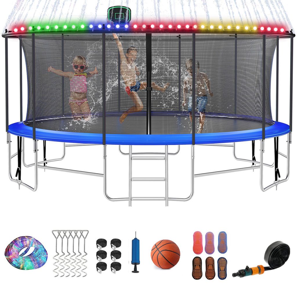 16FT Round Trampolines for Outdoor with Net, Hoop, Lights, Sprinkler ...